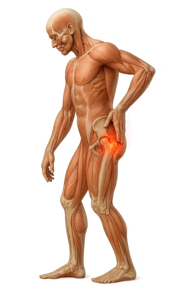 CORPO UMANO ANATOMICO DI PROFILO A FIGURA INTERA REALISTICO CHE SI TOCCA L'ANCA INFIAMMATA, DOLORE ALL'ANCA, IPERREALISTICO 4K sticker