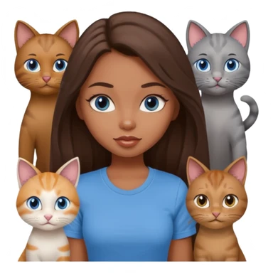 a pretty bratz dusky girl with long brown hair, blue eyes with six cats nd wearing a grey tshirt sticker
