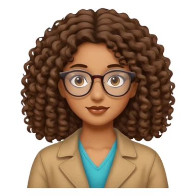 brown girl with wavy curly shoulder length hair. glasses, sticker