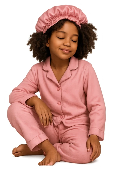 black girl with curly hair, pink pajamas, and a pink satin cap, relaxed pose, no background sticker