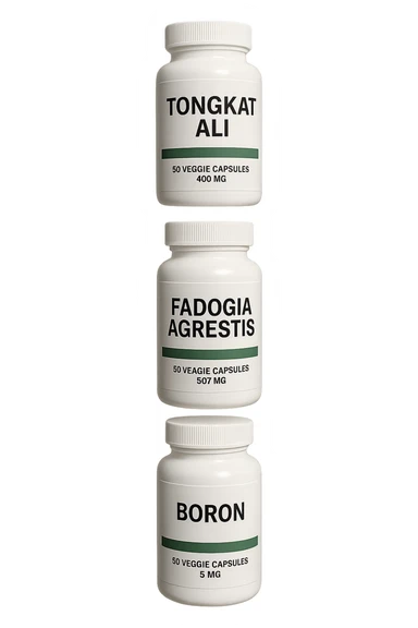 4 boccette di integratore: Tongkat Ali, Fadogia Agrestis, Boron e Zinco fluttuano in aria verticalmente sticker