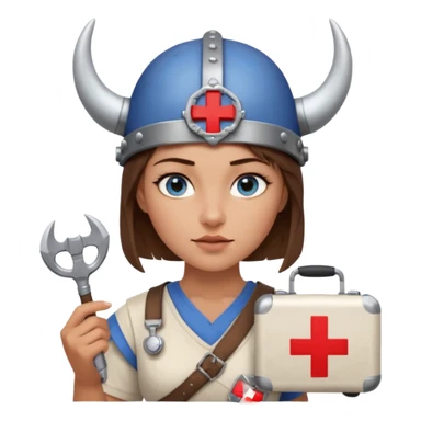 A young woman with beautiful blue eyes, short brown hair shaved on the sides, giving her a Viking look and a horned helmet. She holds a medical kit with a red cross icon in her hand. A stereoscope hangs around her neck. sticker