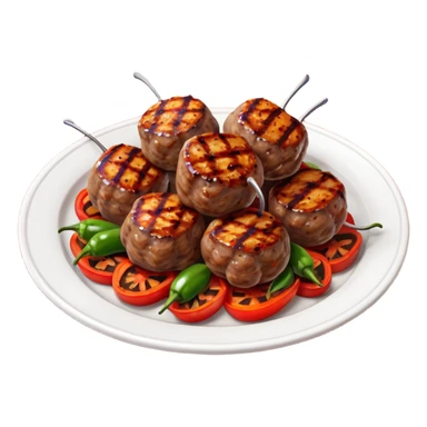Akçaabat meatballs object icon, grilled Turkish kofte pieces on a plate, smoky char marks, juicy texture, served with grilled peppers and tomatoes, 3D cartoon, mobile game icon style, centered, clean background, no text, no watermark
 sticker
