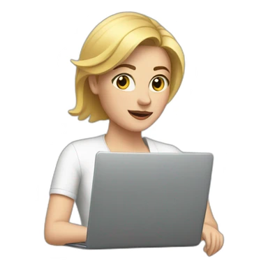 White woman on arms looking at a laptop sticker