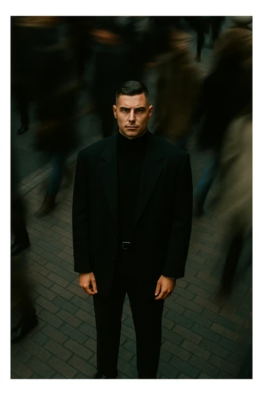 overhead shot of me standing still on a brick city sidewalk, wearing a dark oversized blazer,motion-blurred crowd rushes past around me. Moody lighting, 35mm film look, shallow depth of field, sharp focus on me. sticker