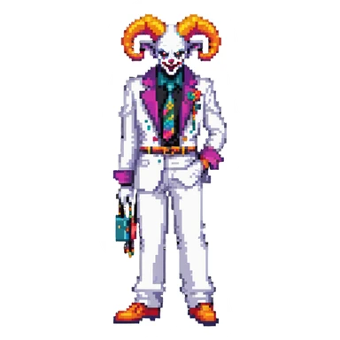 full-body demonic clown in a white leisure suit with bellbottom pants, bald, black ram horns, elevator shoes, flashy belt, ruffled shirt, colorful tie sticker