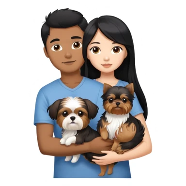 A beautiful Asian girl with long black hair is holding a small Yorkshire Terrier. She is standing next to her brown skinned boyfriend, who is holding a Shih Tzu. They are each holding one dog each sticker