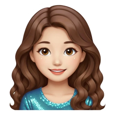 “korean brown hair Emoji girl, soft eyeliner, gradient lips, light brown shimmer eyeshadow, sparkly aegyo-sal, long wavy hair,  sticker