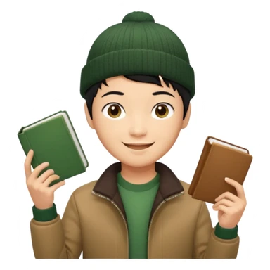 asian, tan skin, non binary asian man with pixie cut black hair, wearing brown jacket and dark green beanie, smiling , holding up books  sticker