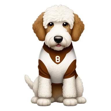 White Goldendoodle in a brown and white Cleveland Brown Football uniform sticker