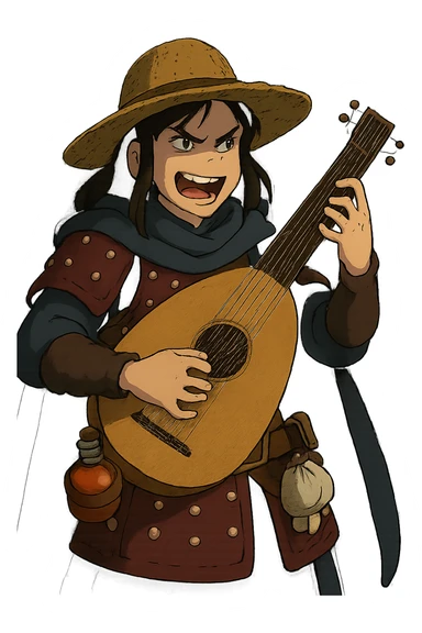 A female bard wearing brigandine armor with a sturdy straw hat, playing a fat medieval lute and singing, night time shadows, tool belt with red potion and bandages, portrait , mischievous grin, anger sticker