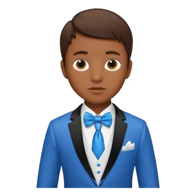A boy with dark brown skin and I little bit of brown hair and a white tuxedo with a blue tie sticker