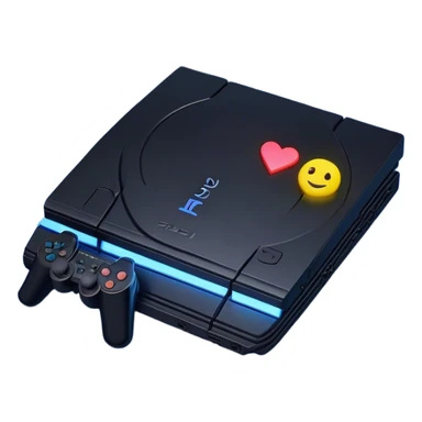 Clash of Clans aesthetic: Cinematic Playful PlayStation 2 Slim Portrait Emoji, rendered in a 3D vector-style similar to standard emojis with minimal shading and bold, simplified shapes. A compact, distinct form with signature details, softly glowing with a cutting-edge console technology charm. Simplified yet unmistakably iconic, highly detailed and consistent, glowing with a soft radiance and high shine. Stylized with a touch of technological advancement and a soft glowing outline, capturing the essence of a beloved gaming relic with a friendly, playful manner! sticker