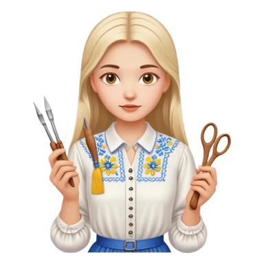 Ukrainian young girl in white embroidered traditional shirt holding needlework tools sticker