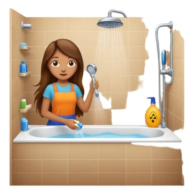 beautiful girl with long brown hair constructing new bathroom area with new shower and amenities  sticker
