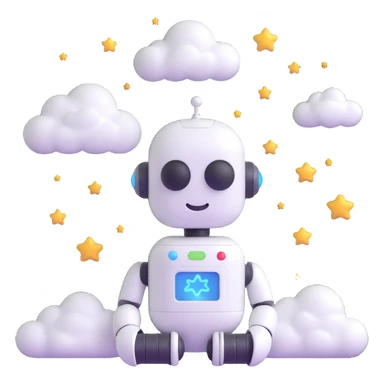 minimalist 3D cartoon-style icon of a peaceful robot with a pill-shaped head, eyes closed, gentle smile, with clouds and stars around the head, simple clean lines sticker