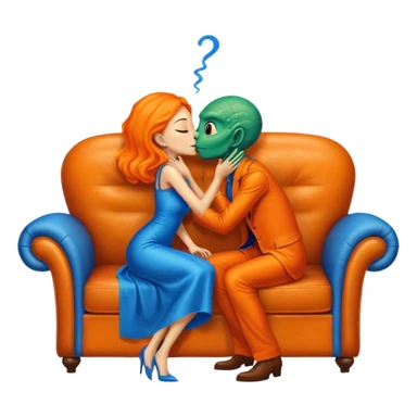 A reptilian alien woman in orange dress kissing human man in blue dress, on sofa sticker