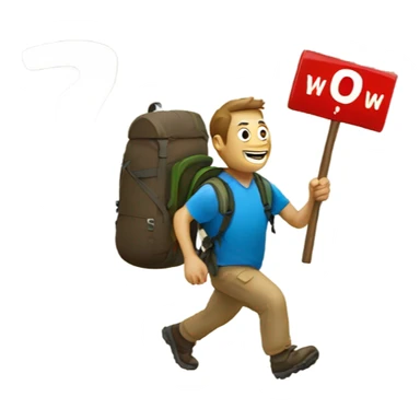 Man hiking with sign that says “Wow!” sticker
