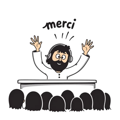 A person with black hair, brown eyes, and a black beard wearing a gaming headset, raising hands saying "merci" to an audience sticker