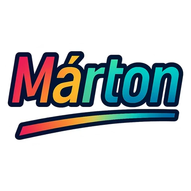 The name 'Márton' in a modern, colorful gradient font with a dark outline, on a transparent background, with the name underlined or partially underlined dynamically with a slanted underline, in the style of the sample images. sticker