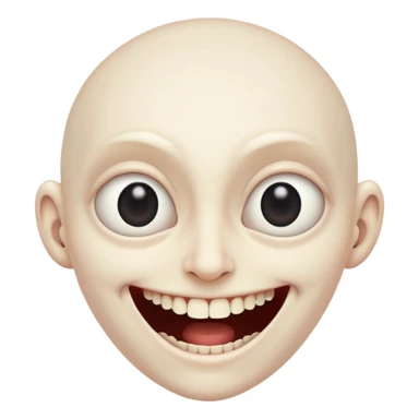 Pale emoji with completely vertical slit eyes, huge creepy grin from ear to ear, scary sticker