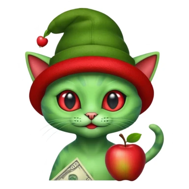 An alien cat with a red apple hat with cash all around it sticker