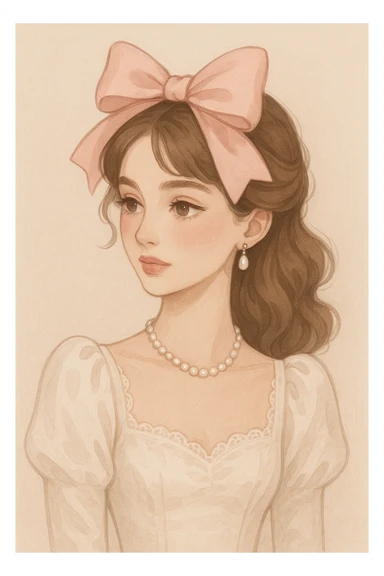 mujer coquette, estilo ilustración digital, detalles delicados, lazo rosa grande sticker