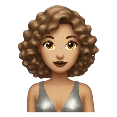 female with brown wavy hair dressed in a glitter dress and makeup, with disco ball sticker
