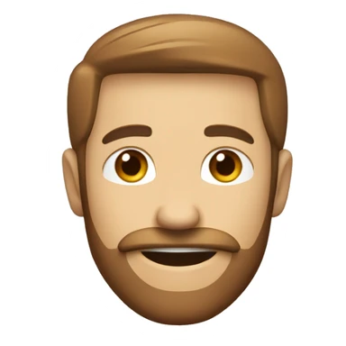 White Man with tiny downturned smiling eyes, brown beard and mustache, smile. Cap. sticker