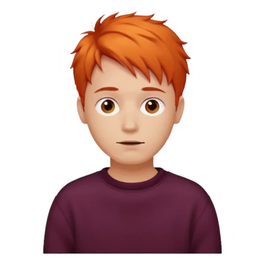 A guy with orange hair, short and messy, dark brown eyes, with a burgundy sweater sticker