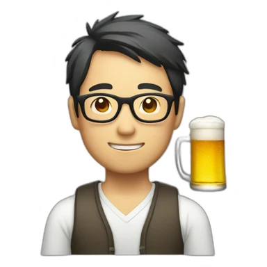 Japanese man wearing glasses holding beer sticker