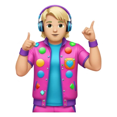 blond big man in colorful dj outfit pointing sideways sticker