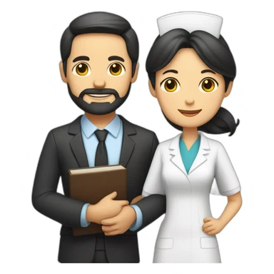 husband middle-aged trimmed beard wearing business suit holding bible, wife asian middle-aged black long hair nurse, with no children sticker