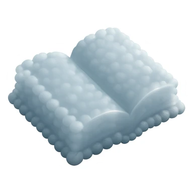 top view of a thick open book made entirely of small, very bright white fluffy convex clouds, matte glass style, no background sticker