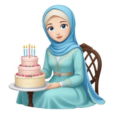 Turkish beautiful finish Konya girl blue eyes with pastel hijab long tail dress and sits on the chair and holds floral cake with her hand  sticker