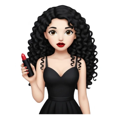 long black curly hair with white skin black dress and lipstick sticker