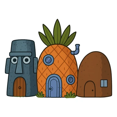 Make all three houses more detailed, keep only the houses, no characters, with a transparent background, cartoon style in flat toon style. sticker