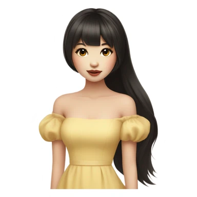 Asian girl , long dark hair with bangs side bangs, off shoulder Pale Yellow dress with puffy sleeve,warm toned Doll like makeup sticker
