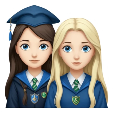 a pretty ravenclaw girl with long dark brown hair and blue eyes standing with a pretty Slytherin girl with long blonde hair, blue eyes sticker