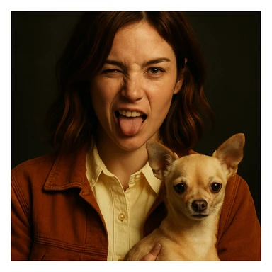 Portrait style Netflix poster of a woman with tanned skin, subtle freckles, wearing a pale yellow shirt color #FFF8CA, rust-colored jacket, medium-length brown hair with auburn highlights, rebellious and playful expression, holding a beige-brown chihuahua, dark background. sticker