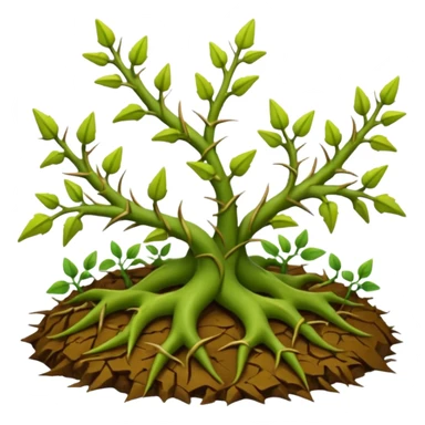 green vines with thorns sprouting from the ground, 3D, extremely detailed, earthy color palette, yellow green and brown tones sticker