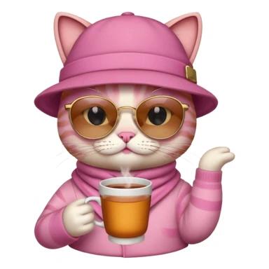 Pink cat with hat, holding cup of tea, wearing sunglasses sticker