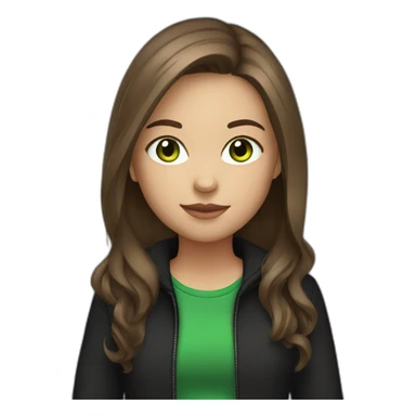 girl with long brown hair, green eyes,in black jacket, with grey laptop sticker