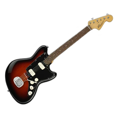 a black fender jazzmaster with a red tortoise shell pickguard sticker