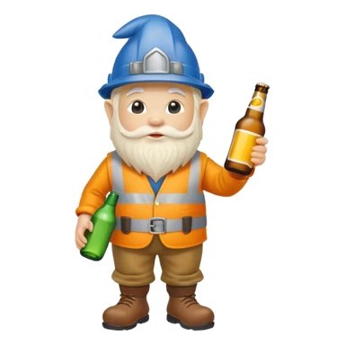 Garden gnome wearing construction clothes holding a bottle of beer sticker