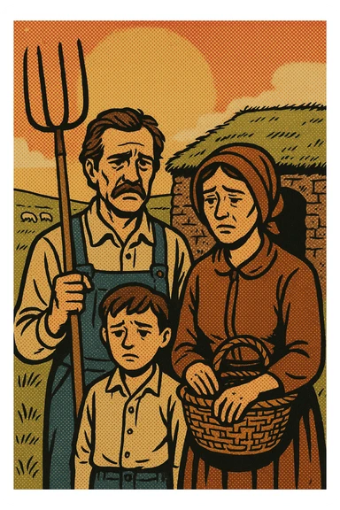 A sad homestead farming family from the 1860s standing in front of their sod house on the Great Plains. The father is holding a pitch fork and the mother is carrying an empty basket. The land in the background is grassland with a few grazing sheep sticker