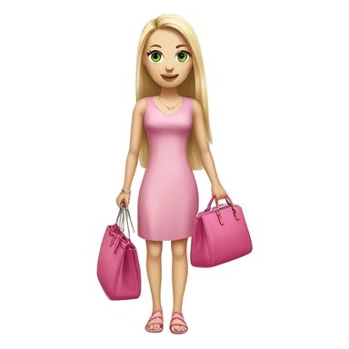 Realistic White girl with Long straight blonde hair and green eyes, tattoos, full body wearing pink dress, holding pink handbag sticker
