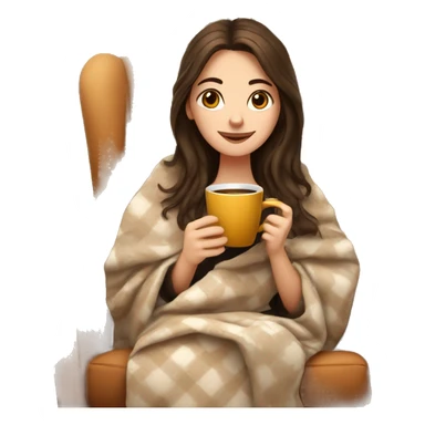 Brunette white girl covered in blanket autumn vibe sitting on a cozy chair holding coffee,  sticker