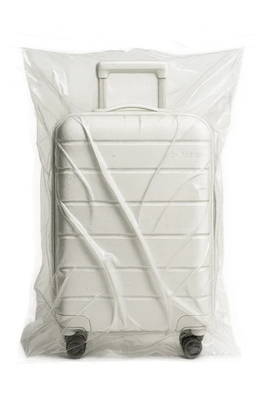white suitcase on wheels, vacuum sealed style, with handle, soft shadows and highlights, pure white color, transparent background, no decoration sticker