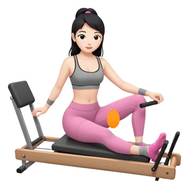 Create a Pilates emoji: a girl with fair skin and black hair, wearing a grey bra and grey leggings with pink pilates socks, doing sitted stomach massage on a wooden reformer. Make it look at the reformer. Make the colors neutrals. sticker